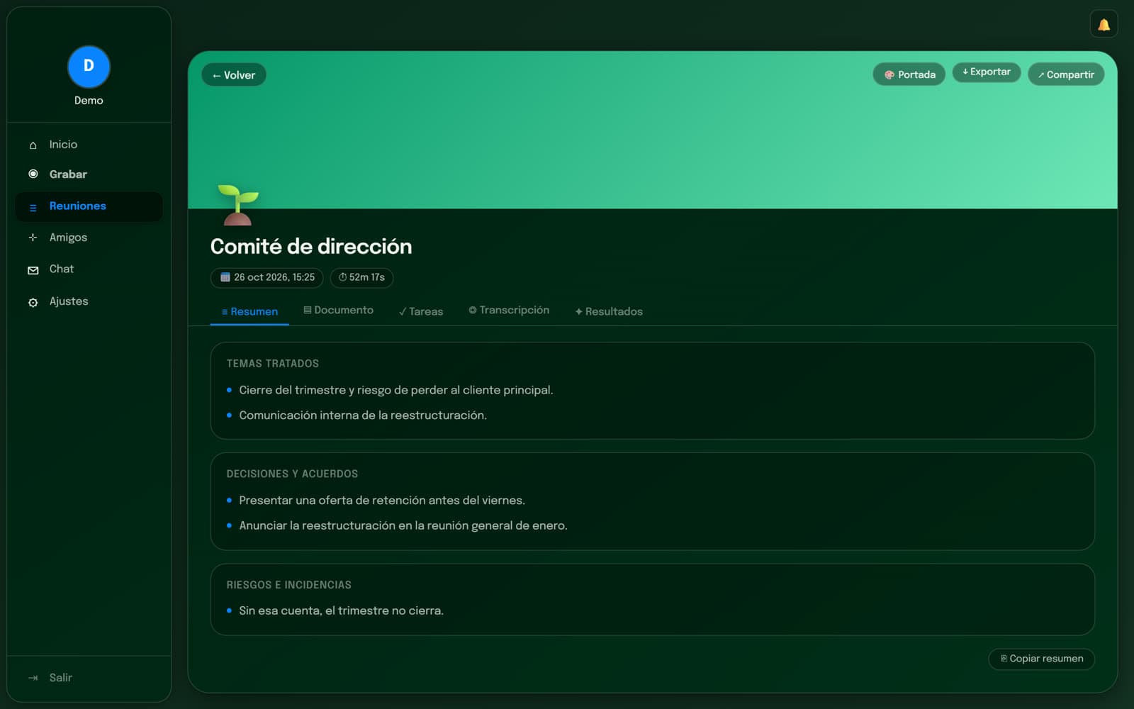 Waive mostrando el resumen de una reunión