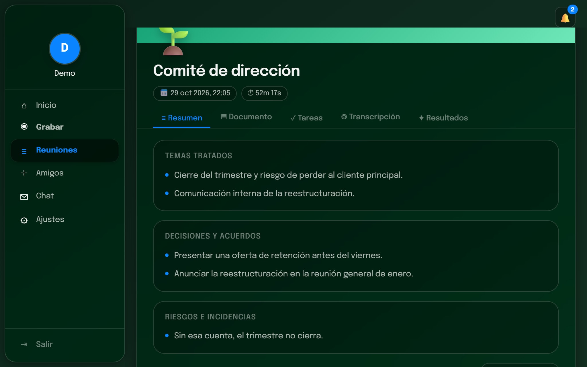 Waive mostrando el resumen de la reunión Comité de dirección